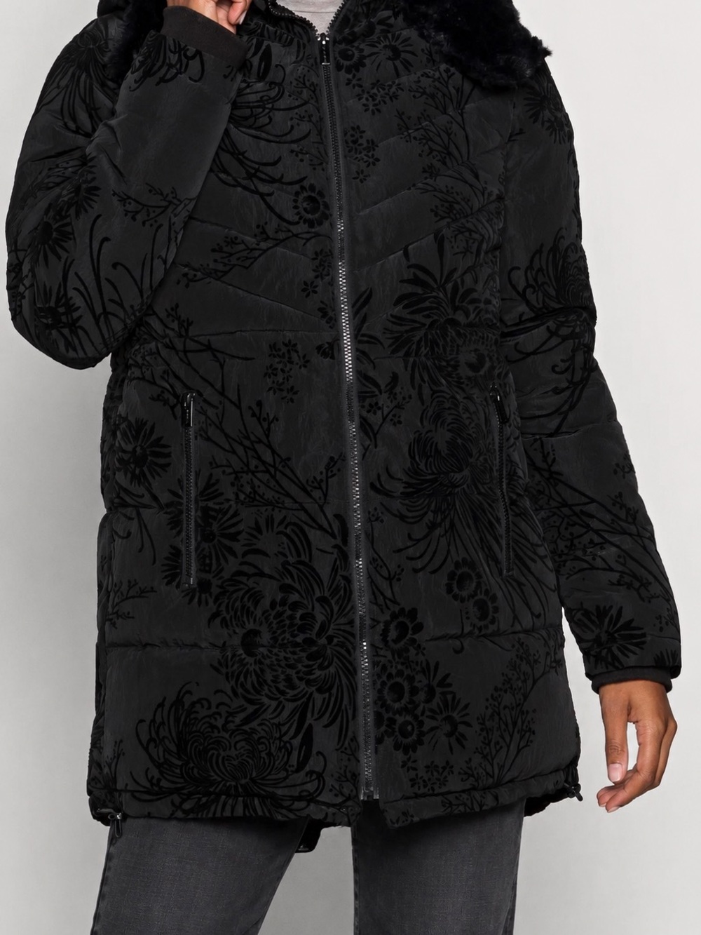 Desigual Black Quilted Floral-Print Faux-Fur Collar Puffer Coat